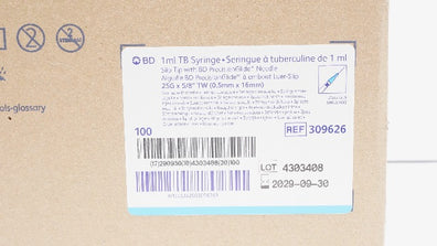 BD 309626 Slip Tip TB Syringe 1ml  25G x 5/8 inch - Box of 100